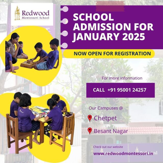 Admission Open now for January 2025.
.
.
Campus location - Besant Nagar,Chetpet.
Email- admissions@redwoodmontessori.in
.
Contact - +91 95001 24257
.
The main objective of Redwood is to provide a carefully planned ,stimulating environment which will help children develop within themselves the attitudes, skills and ideas which are essential for lifetime of creative thinking and learning.
.
.
.
#admissionopen #chennaischools #schooladmission #nowopen